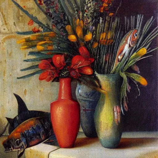 Image similar to a still life of a vase filled with dead fishes, oil painting