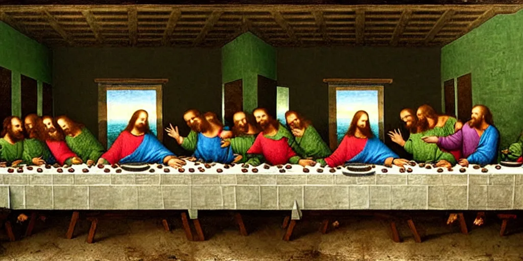 Image similar to the last supper with green sentient blobs, horror, painted by leonardo da vinci