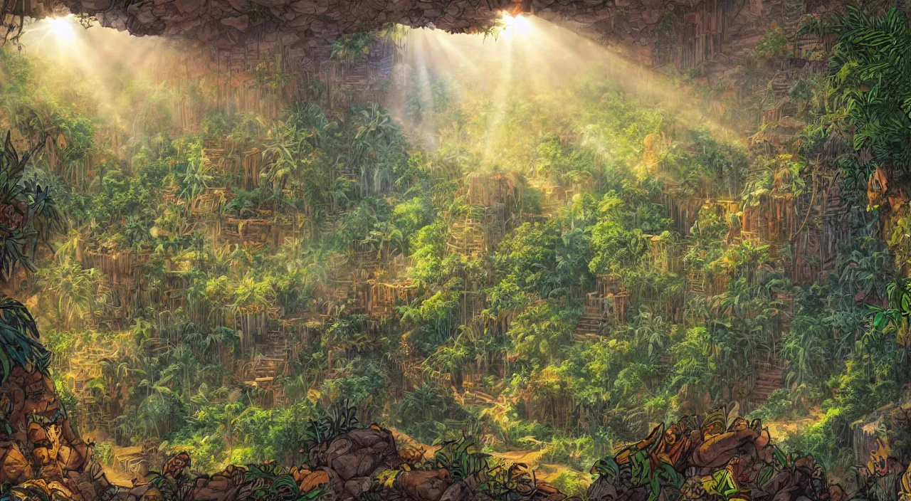 Image similar to zouk fabric jungle dirt wall fortress a spectacular view cinematic rays of sunlight comic book illustration, by john kirby