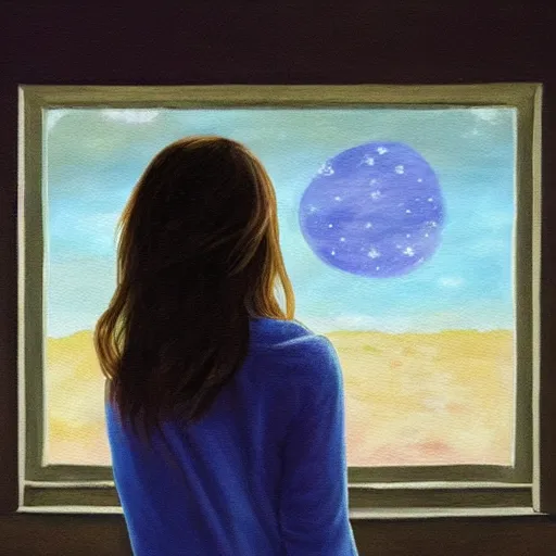 Prompt: painting of brunette girl from behind as she looks at the window at the night sky, feature the moon and hearts