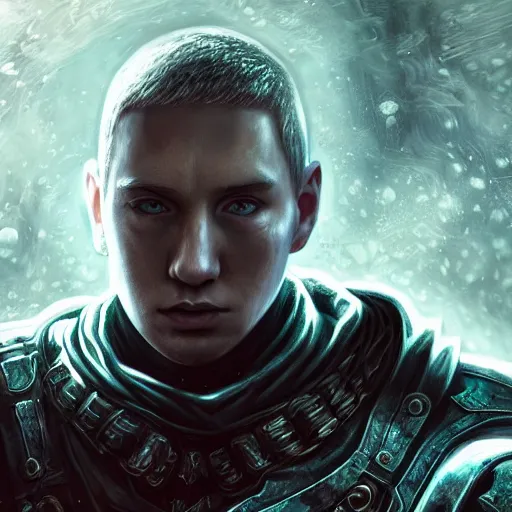 Image similar to portrait of eminem as a spellcaster, league of legends amazing splashscreen artwork, gears of war, splash art, natural light, elegant, photorealistic facial features, intricate, fantasy, detailed face, atmospheric lighting, anamorphic lens flare, cinematic lighting, league of legends splash art, hd wallpaper, ultra high details by greg rutkowski