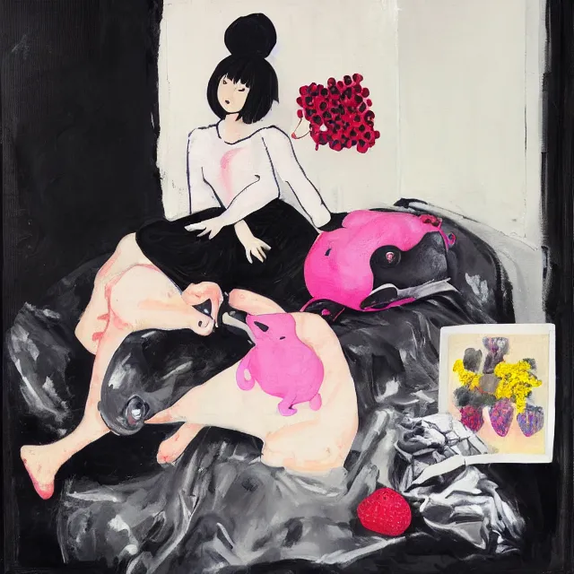 Image similar to a portrait in a female artist's bedroom, black walls, emo girl riding an inflatable pig, sheet music, berries, surgical supplies, pancakes, black flowers, sensual, octopus, neo - expressionism, surrealism, acrylic and spray paint and oilstick on canvas