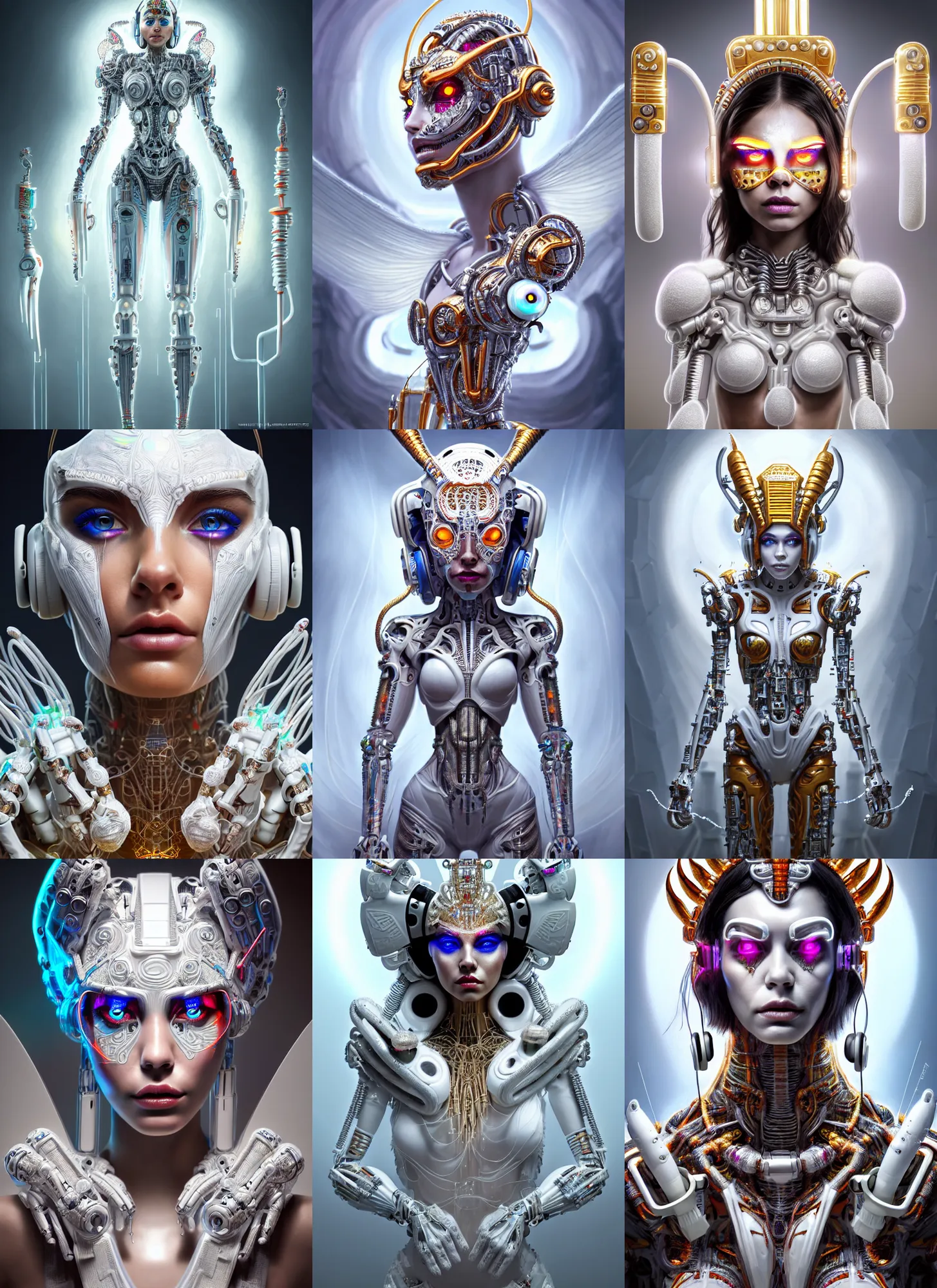 Prompt: bright white polished transformers clowncore cyborg : : disney weta portrait, soft mayan queen devil madison beer, bling earbuds, hi - fructose, sci - fi fantasy intricate decadent highly - detailed digital painting, golden ratio, octane render, artstation, concept art, smooth, sharp focus, illustration, artgerm, mucha, loish, wlop