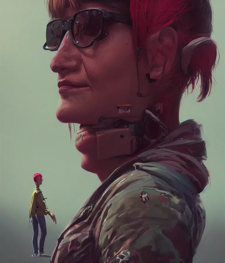 Image similar to a portrait of a punker in a painting from stalenhag, 4 k, 8 k, hdr, artstation, concept art