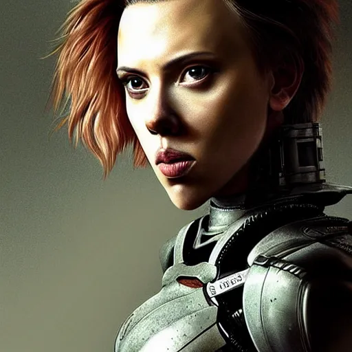 Image similar to “Scarlett Johansson portrait, dystopia core, hyperrealistic, apocalyptic, highly detailed exoskeleton armor, dramatic, sharp focus, hero, gape, epic”