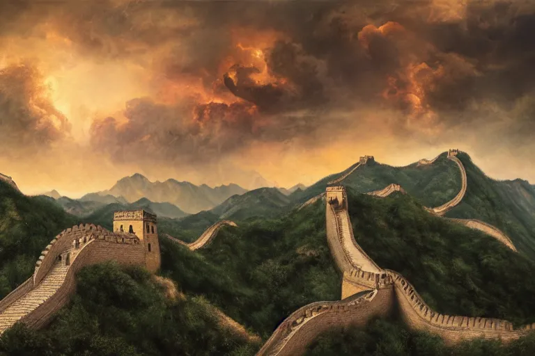 Image similar to photorealistic painting of the Great Wall Of China being destroyed by alien weapons by Samuel Palmer and Bernardo Bellotto, gloomy, rainy, terror, doom, octane render, 8k, award-winning, trending on artstation