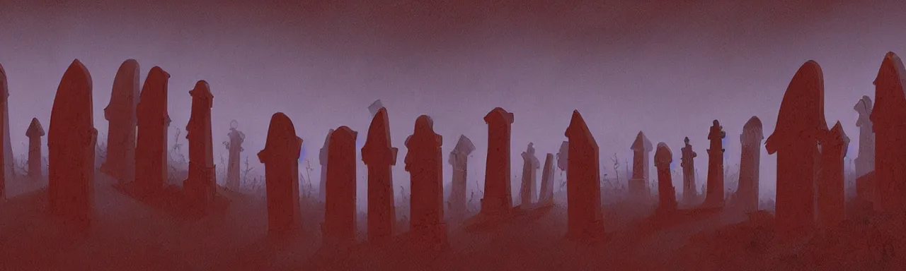 Prompt: A matte painting of tombstones in a spooky haunted graveyard at night by Eyvind Earle