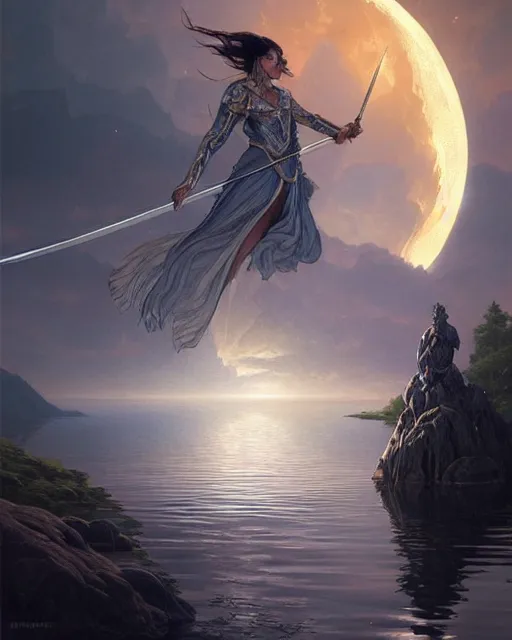 Image similar to a magic sword rising from the middle of a lake under a giant full moon, rippling reflections, western, D&D, fantasy, intricate, elegant, highly detailed, digital painting, artstation, concept art, matte, sharp focus, illustration, art by Artgerm and Greg Rutkowski and Alphonse Mucha, masterpiece, stunning, artstation