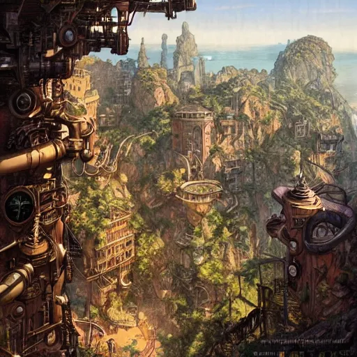 Image similar to steampunk city on a cliff, dense foliage poster art by kim jung giu and weta studio, and lucasfilm and jesper ejsing and norman rockwell greg rutkowski frank frazzeta