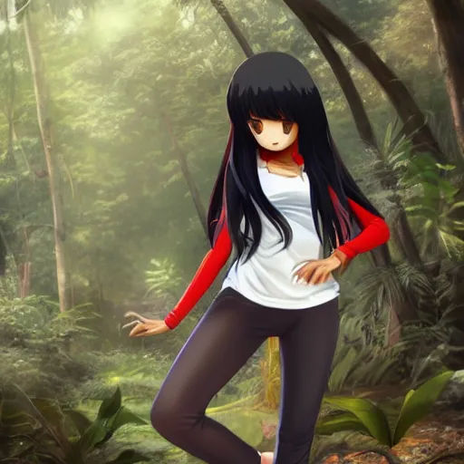 Image similar to brown skin anime girl using white and red tight raglan sleeves, tight blue jeans and cool shoes, silky long black hair with bangs, in a tropical forest, artstation, ray tracing, soft shade, from genchin impact