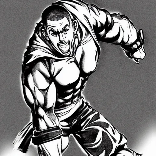 Image similar to Black and white manga drawing of Vin Diesel walking like a Italian model in JoJo style, highly detailed, sharp focus, anime, ArtStation, art by Hirohiko Araki