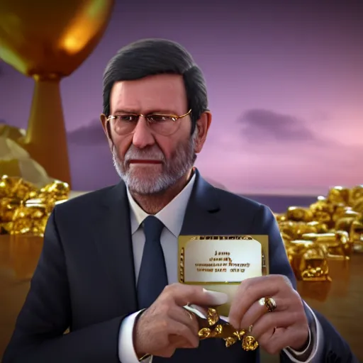 Image similar to a still of mariano rajoy surrounded by gold and diamonds, award - winning, photograph, 3 d render, unreal engine, 4 k detailed