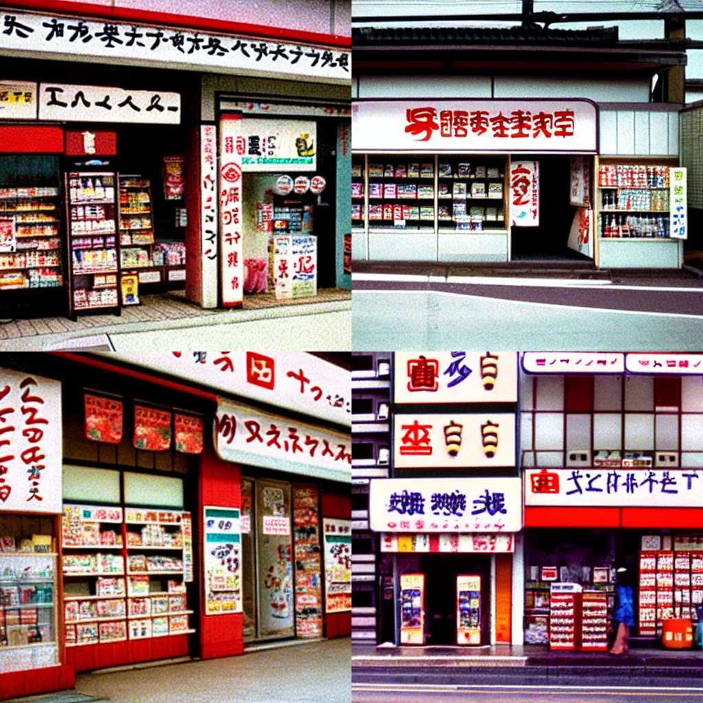 Prompt: Photograph of a Japanese convenience store, 1998