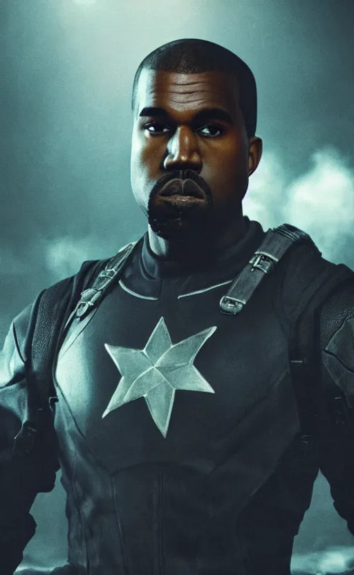 Image similar to Portrait of Kanye West as (((Captain America))) in Skyrim, splash art, movie still, cinematic lighting, dramatic, octane render, long lens, shallow depth of field, bokeh, anamorphic lens flare, 8k, hyper detailed, 35mm film grain