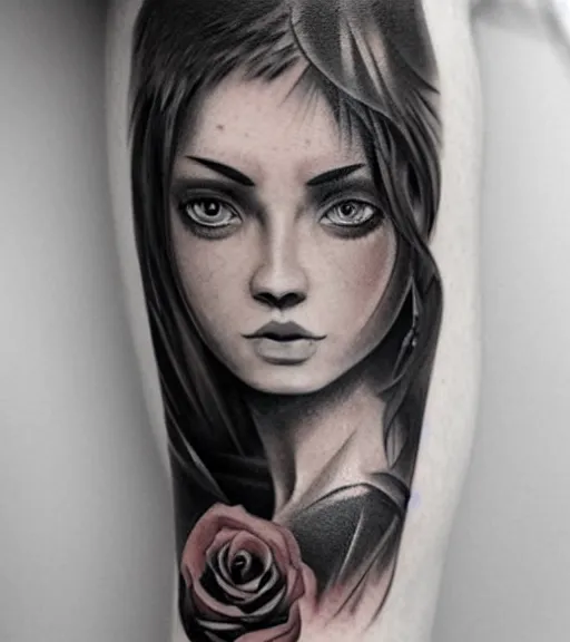 Prompt: tattoo design on white background of a beautiful girl warrior, roses, hyper realistic, realism tattoo, by eliot kohek, beautiful eyes, realistic face, black and white, award winning tattoo