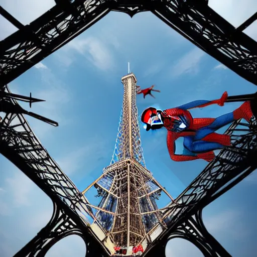 Prompt: two - point perspective landscape of spider man sitting on top of the eiffel tower