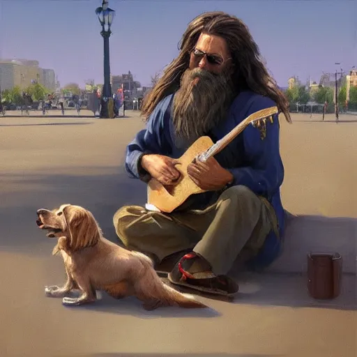 Image similar to oil painting of a man with long hair blond and a beard hippie style with his golden retrever dog playing guitar in the square for money, people watching around, by greg rutkowski, artstation