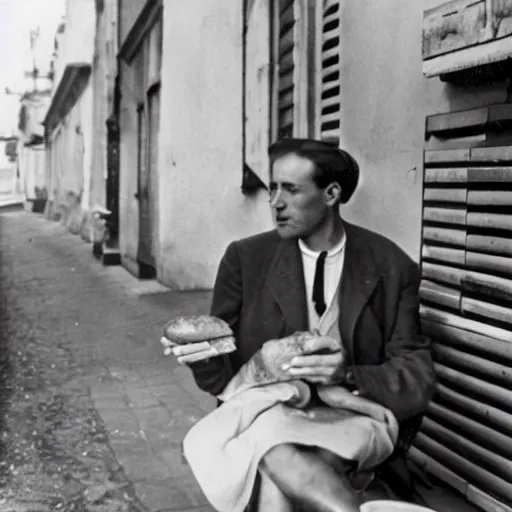 Image similar to a frenchman with a baguette and a bottle of wine in 1 9 5 0