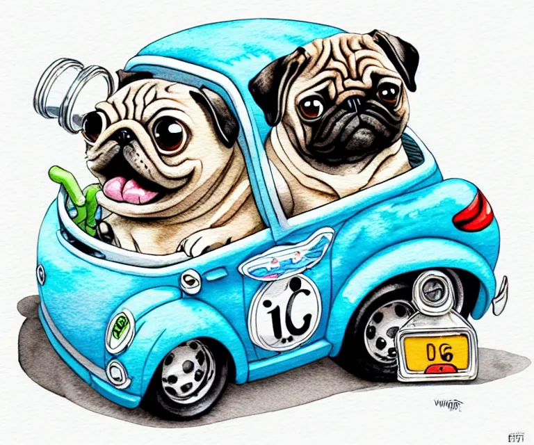 Image similar to cute and funny, pug riding in a tiny hot rod with oversized engine, ratfink style by ed roth, centered award winning watercolor pen illustration, isometric illustration by chihiro iwasaki, edited by range murata, tiny details by watercolor girl, symmetrically isometrically centered