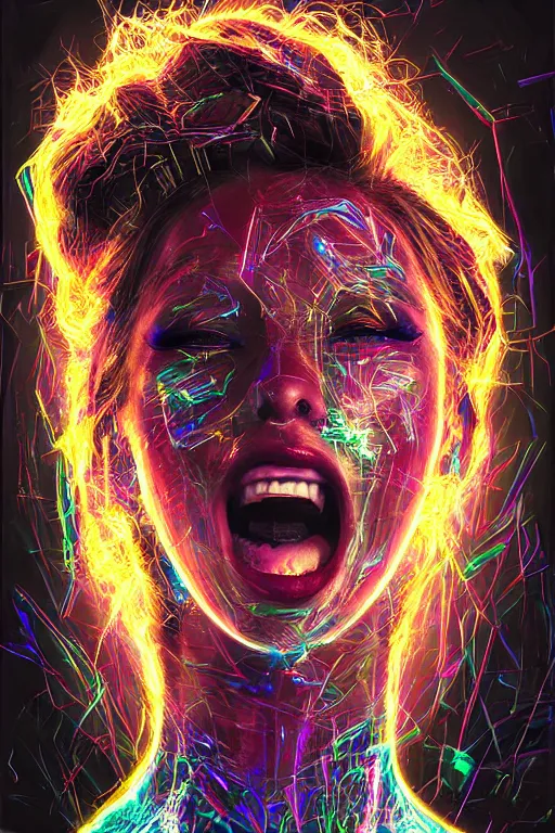 Prompt: portrait, headshot, digital painting, an beautiful techno - shaman lady in circuit electronic mask, screaming, translucent, shiny, pearlescent, synthwave, glitch, fracture,, realistic, hyperdetailed, chiaroscuro, concept art, art by john berkey