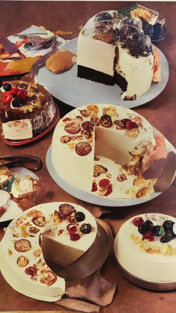 Prompt: 7 0 s food photography of an atom bomb shaped cake