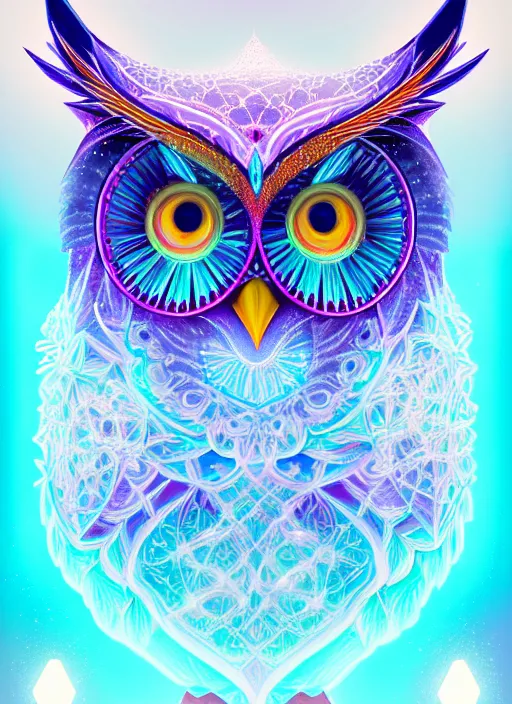 Image similar to symmetry!! product render poster vivid colors divine proportion owl, ice and snow, glowing fog intricate, elegant, highly detailed, digital painting, artstation, concept art, smooth, sharp focus, illustration,