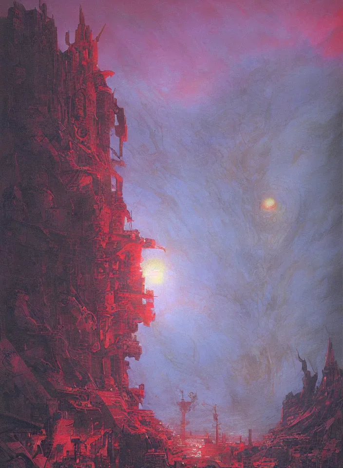 Image similar to the blind liberty of the few, red and purple palette, volume light, fog, by hiroshi yoshida by ( h. r. giger ) and paul lehr