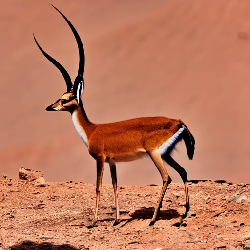 Prompt: a professional photo of a gazella on a desert mountain