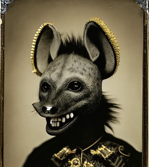 Image similar to professional studio photo portrait of anthro anthropomorphic spotted hyena head animal person fursona smug smiling wearing elaborate pompous royal king robes clothes gold frame by Louis Daguerre daguerreotype tintype