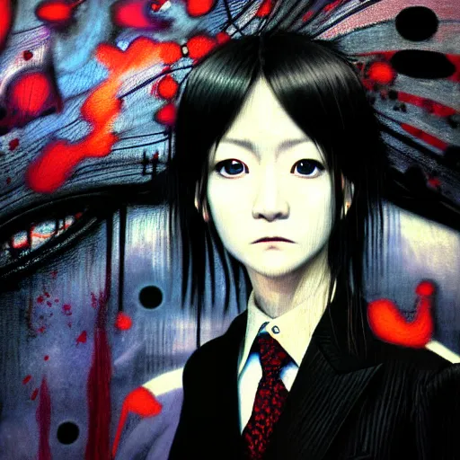 Image similar to yoshitaka amano blurred and dreamy three quarter angle portrait of a young woman with white hair and black eyes wearing dress suit with tie, playstation 2 horror game, junji ito abstract patterns in the background, satoshi kon anime, chungking express color palette, noisy film grain effect, highly detailed, renaissance oil painting, weird portrait angle, blurred lost edges