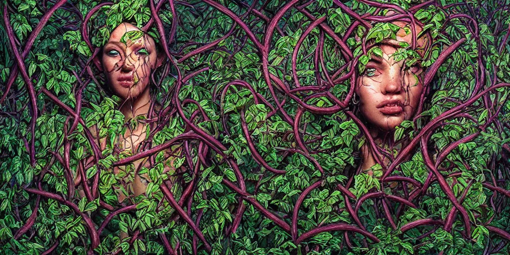 Image similar to a person trapped in extremely thick vines intertwined, central composition, high saturation, epic lighting, in the style of Peter gric and Hannah yata 8k