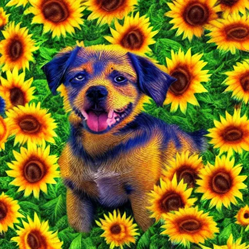 Prompt: cute little doggie puppy made completely out of sunflowers 8 k psychedelic deepdream