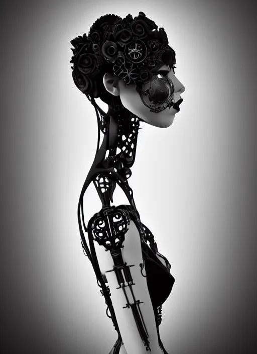 Image similar to black and white dreamy foggy poetic smoky profile face portrait, one silver steampunk realistic eye biomechanical beautiful angelic young female cyborg - robot bust, body ribs meshes,, volumetric light, hibiscus flowers, rim light, big gothic fashion pearl embroidered collar, 1 9 3 0, 8 k