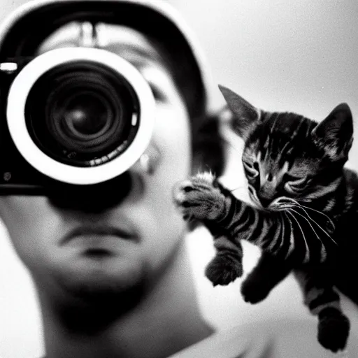 Image similar to 15mm wide-angle lens photo of a rapper in 1990 New york holding a kitten up to the camera