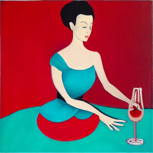 Image similar to square painting of a ballerina drinking wine in a teal room all on a red background