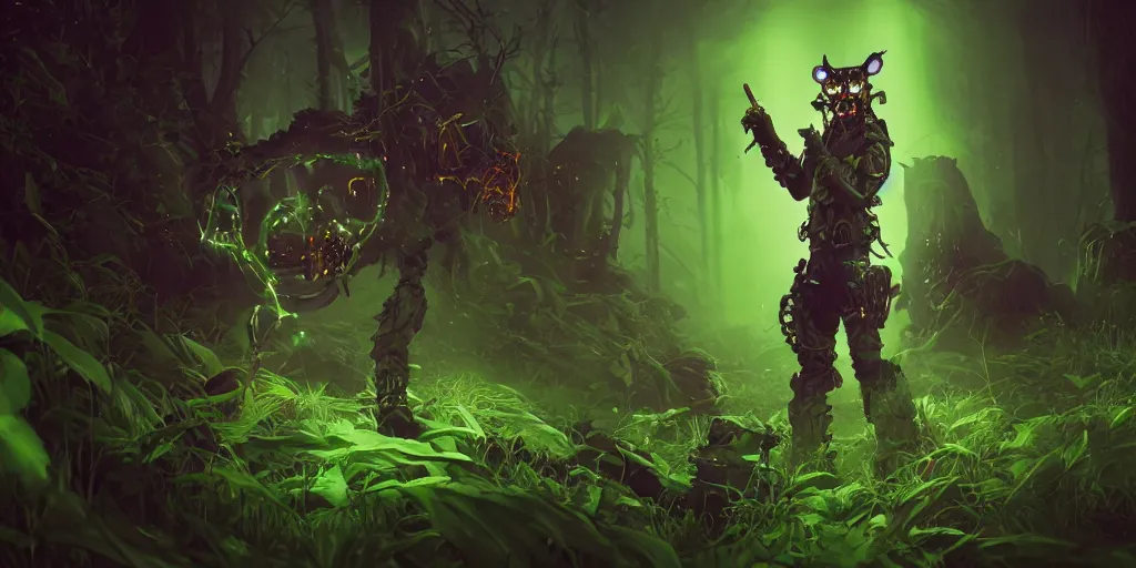 Image similar to gamekeeper hunting for mystical forest monster and wearing a steampunk and neonpunk mechanical fluorescent mystical animal mask realism in style of fornite game. full body, product introduction photos. bio luminescent, plasma, ice, water, wind, creature, artwork by tooth wu and wlop and beeple and greg rutkowski, epic cinematic shot, perfectly defined features, ambient occlusion
