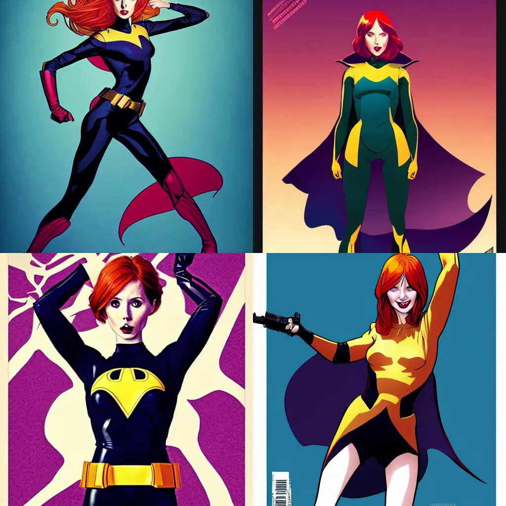 Prompt: in the style of Joshua Middleton comicbook cover art, Karen Gillan Batgirl, fun pose Symmetrical body, smile