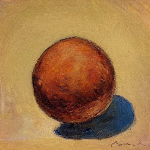 Image similar to impressionist painting of a spherical boulder on a pedestal with a match stick in its side, brown background