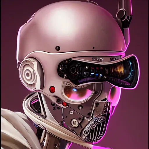 Image similar to highly detailed portrait of a post-cyberpunk robotic young lady with space helmet and wired cybernetic face modifications, skull face, robotic limbs, by Akihiko Yoshida, Greg Tocchini, Greg Rutkowski, Cliff Chiang, 4k resolution, persona 5 inspired, pristine white, pink, brown and black color scheme with sparking stray wiring
