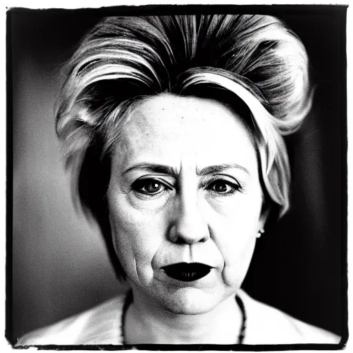 Image similar to photo of Hilary Clinton by Diane Arbus, black and white, high contrast, Rolleiflex, 55mm f/4 lens