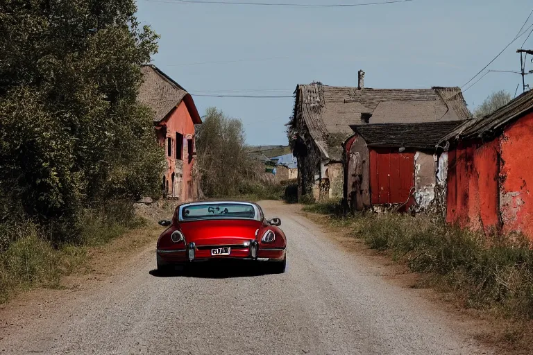 Image similar to rusty Bentley Continental GT drives along the road of an old Russian village with houses at the edges