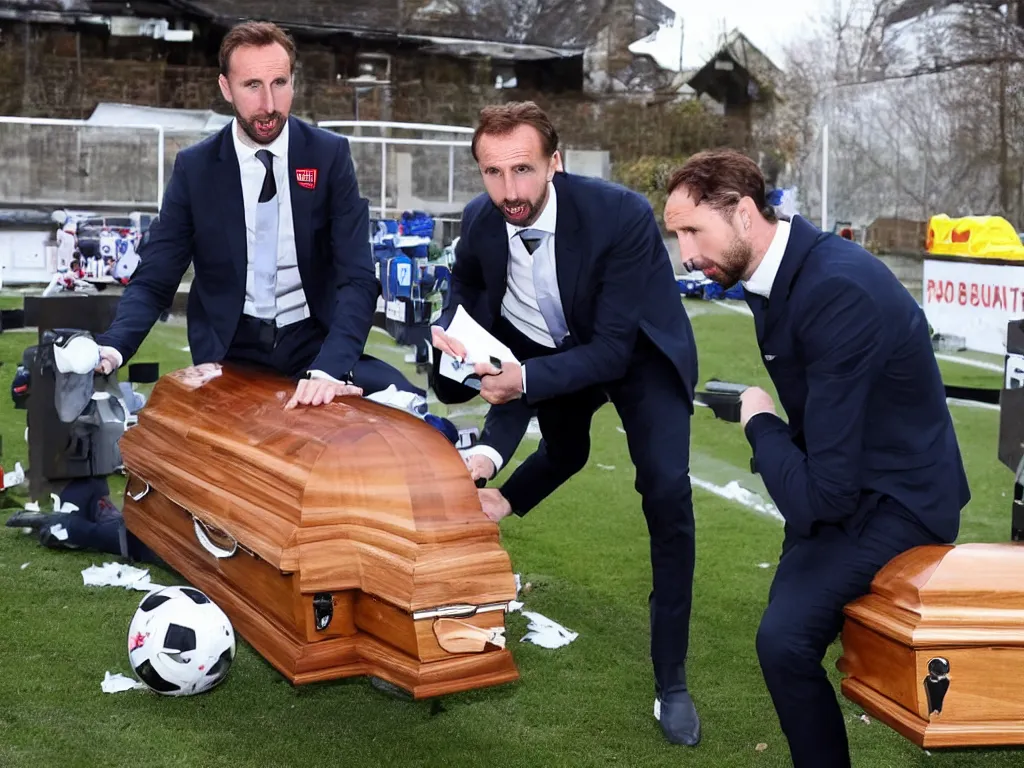 Prompt: a solemn perfect photograph of gareth southgate placing a soccer ball into a coffin decorated with hate mail.