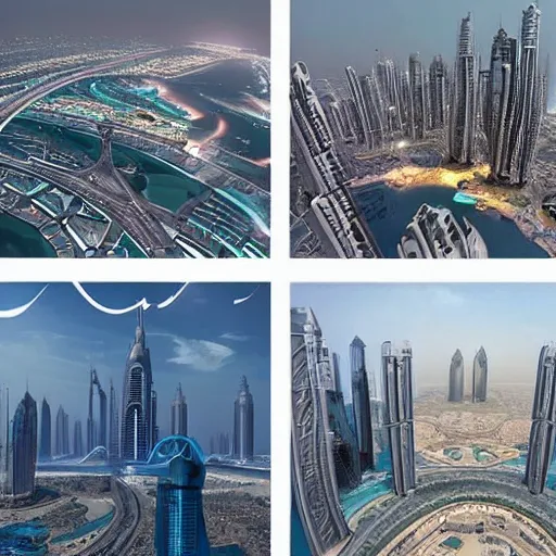 Prompt: futuristic skyline of dubai in the year 2 0 5 0 inspired by cyberpunk with flying spider drones