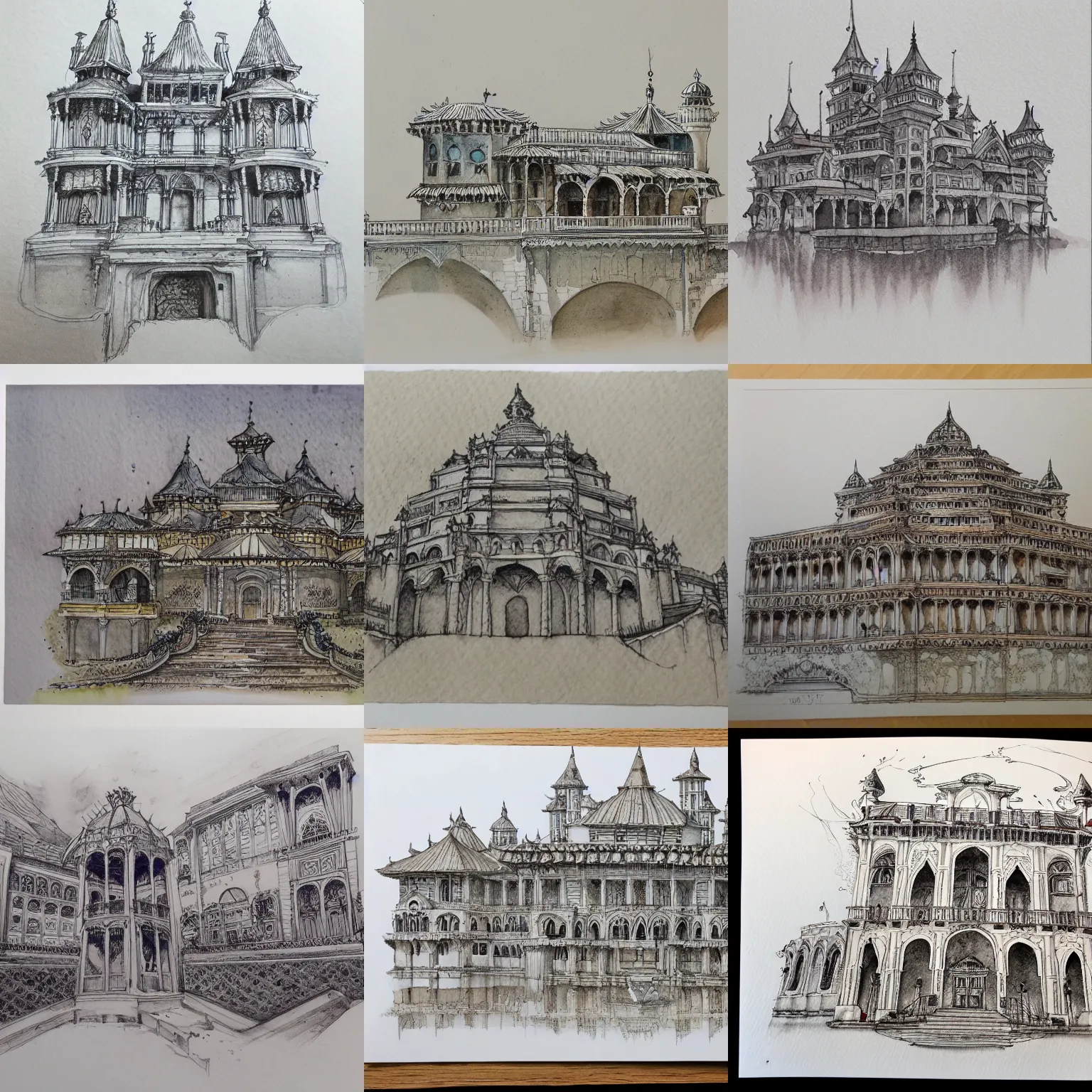 Prompt: beautiful aesthetic inspirational masterful professional ink pen and watercolor sketch of a palace, ultra detailed, fine details, trending on artstation, high quality paper