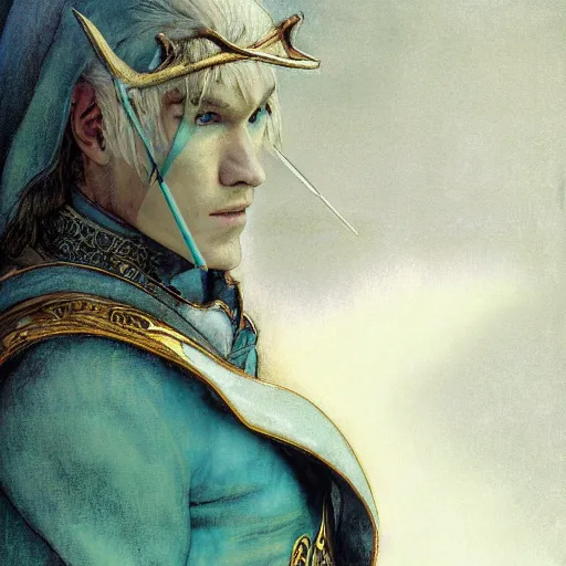 Image similar to half length portrait of a handsome male snow elf in a turquoise cape and silver armour as an archer, albino skin, winter vibes, elegant, very coherent symmetrical artwork, atmospheric lighting, rule of thirds, royo, klimt, miro, vallejo, frazetta, alphonse mucha, greg rutkowski, sharp focus, trending on artstation