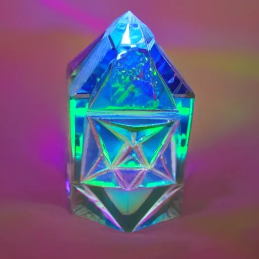 Prompt: impossible iridescent crystal totem containing the geometric souls of the universe