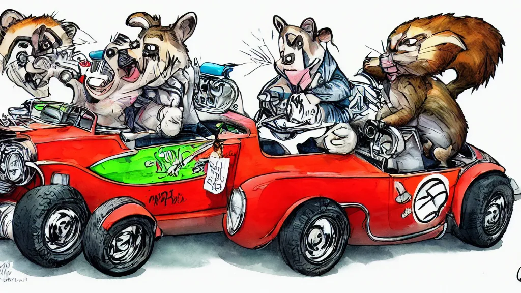 Image similar to cute and funny, racoon riding in a tiny hot rod coupe with oversized engine, ratfink style by ed roth, centered award winning watercolor pen illustration, by james nyika, edited by range murata