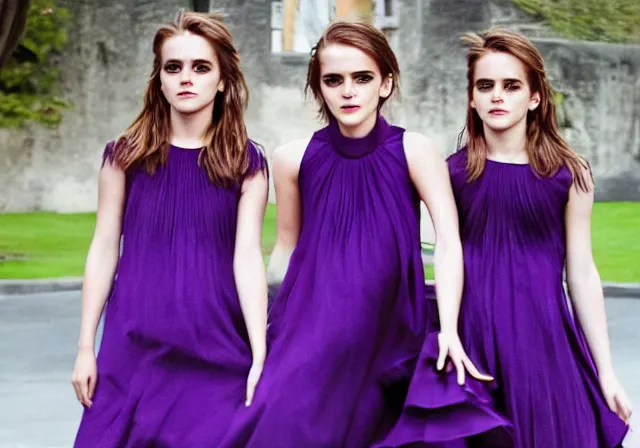 Image similar to a professional fashion model photo of Emma Watson and her twin sisters wearing purple dresses.