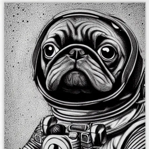 Image similar to pencil art, golden - ratio, spirals, highly detailed, astronaut pug in outer space by davinci.