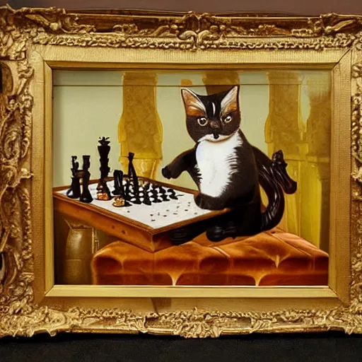 Image similar to cat playing chess looking wise, rococo oil painting, highly detailed